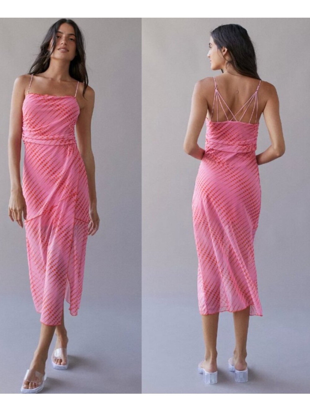 Urban Outfitters Pink Polka Dot Wild Seam Mesh Slip Dress, S
